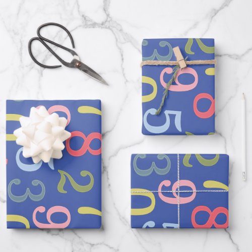 Cute Colorful Simple Numbers Pattern Blue  Wrapping Paper Sheets