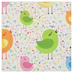 Cute Colorful Singing Birds & Music Notes Pattern Fabric