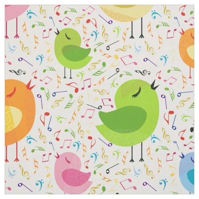 Cute Colorful Singing  Birds & Music Notes Pattern Fabric (Swatch)