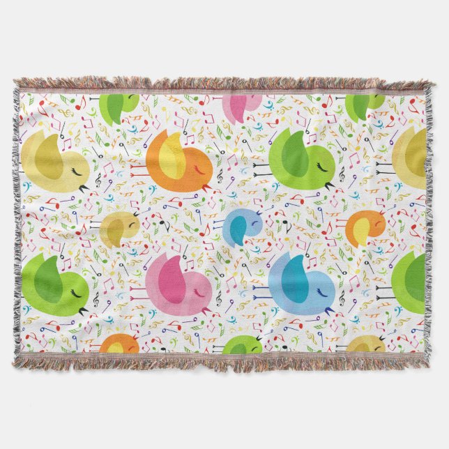 Cute Colorful Singing  Birds & Music Notes Pattern Throw Blanket (Front)