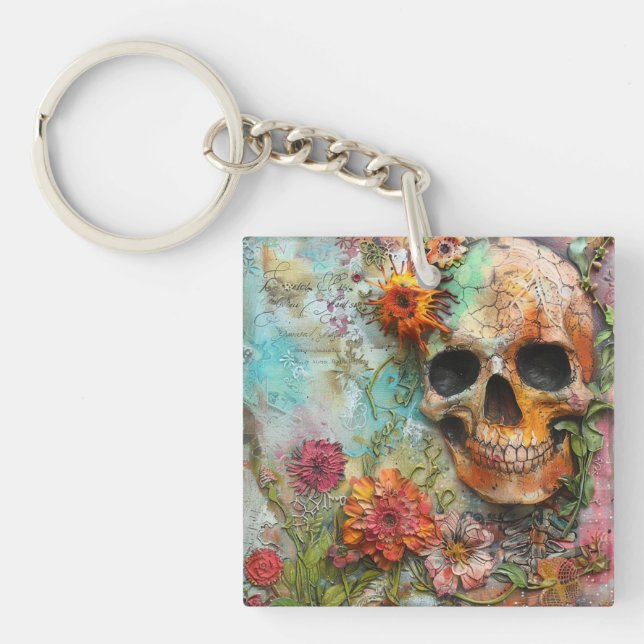 Cute Colorful Skull and Flowers Keychain (Front)
