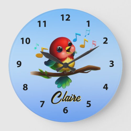 Cute Colorful Songbird Singing Notes Into The Air Large Clock