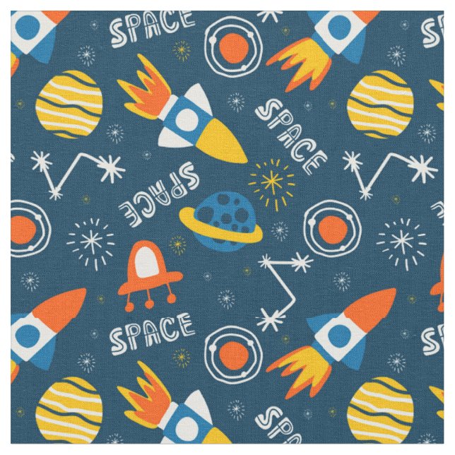 Cute Colorful Space Adventures Pattern Fabric (Close Up)