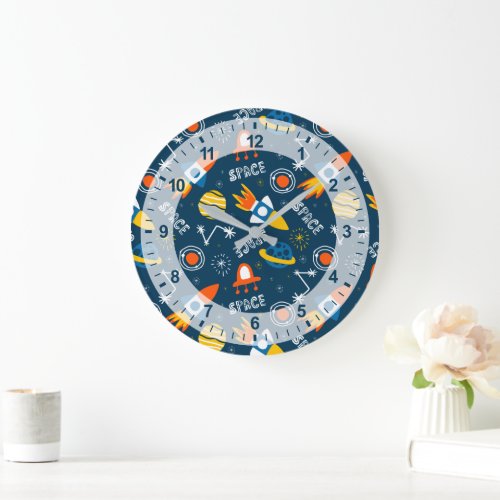 Cute Colorful Space Adventures Pattern Large Clock