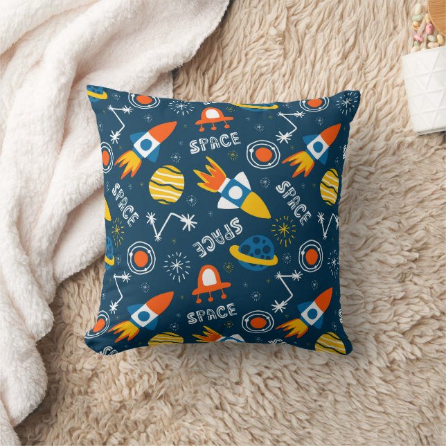 Cute Colorful Space Adventures Pattern Throw Pillow (Blanket)
