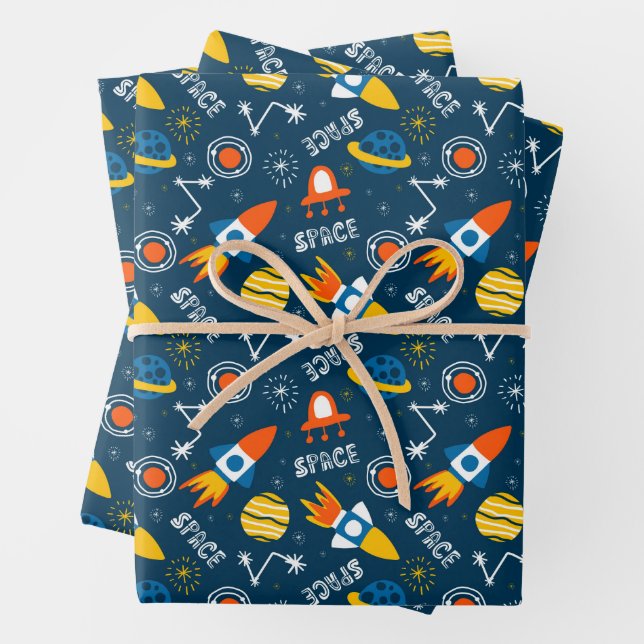 Cute Colorful Space Adventures Pattern Wrapping Paper Sheets (In situ)