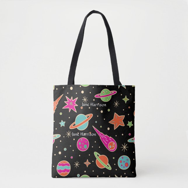 Cute Colorful Space Rocket Pattern Name Tote Bag (Front)