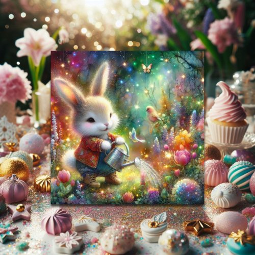 Cute Colorful Sparkle Happy Bunny Flowers Easter Holiday Card
