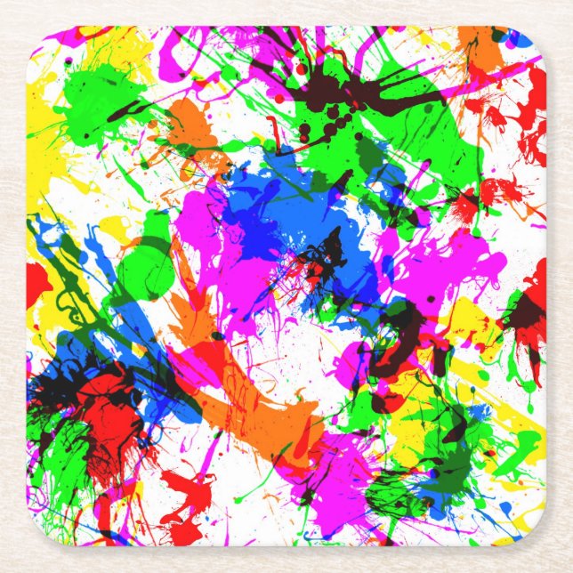 Cute colorful splatter paint design square paper coaster (Front)