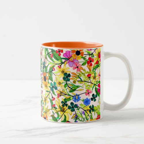 Cute colorful spring floral flowers Two_Tone coffee mug