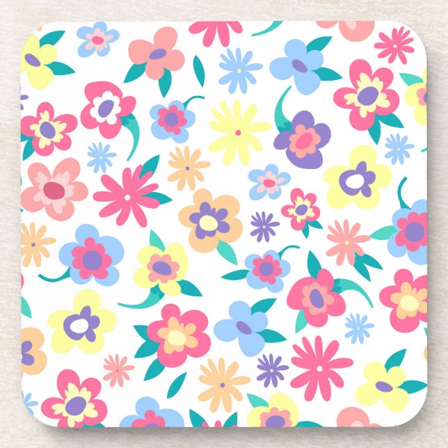 Cute colorful spring flowers pattern beverage coaster (Front)