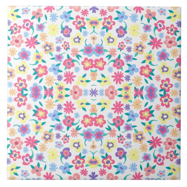 Cute colorful spring flowers pattern ceramic tile (Front)