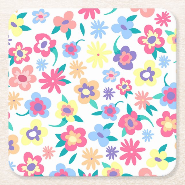 Cute colorful spring flowers pattern square paper coaster (Front)