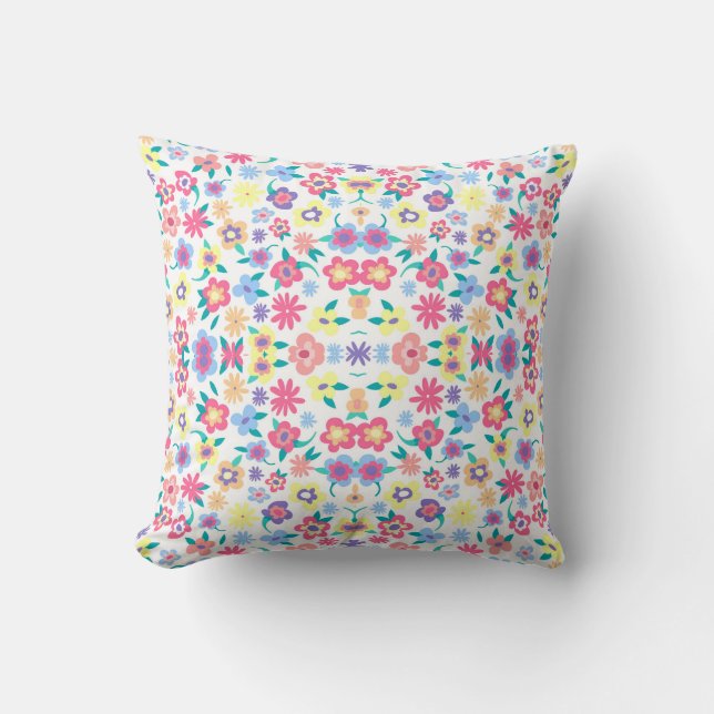 Cute colorful spring flowers pattern throw pillow (Front)
