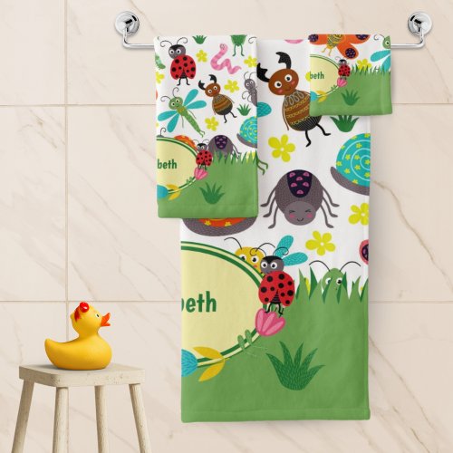 Cute Colorful Spring Insects Pattern Kids Bathroom Bath Towel Set