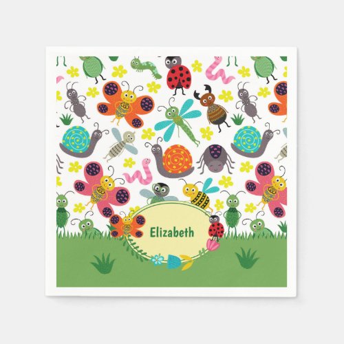 Cute Colorful Spring Insects Pattern Kids Party Napkins