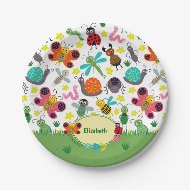 Cute Colorful Spring Insects Pattern Kids Party Paper Plates (Front)