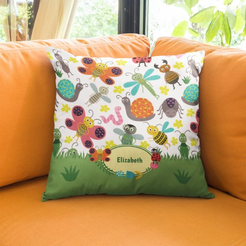 Cute Colorful Spring Insects Pattern Kids Throw Pillow