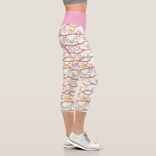 Custom Leggings 11 Cute Colorful Spring Tree Branches And Birds Capri Leggings