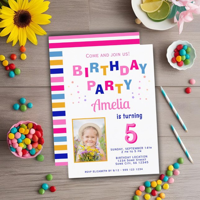Cute Colorful Star Girl Photo Birthday  Invitation (Creator Uploaded)