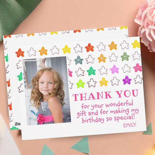 Cute Colorful Star Girly Photo Birthday Thank You Postcard (Creator Uploaded)