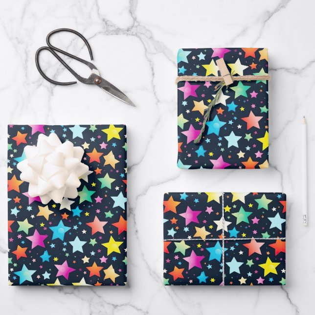Cute colorful star pattern party wrapping paper sheets (Front)