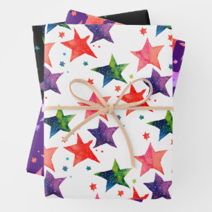 Cute Colorful Star Silent Night Galaxy Watercolor Wrapping Paper Sheets