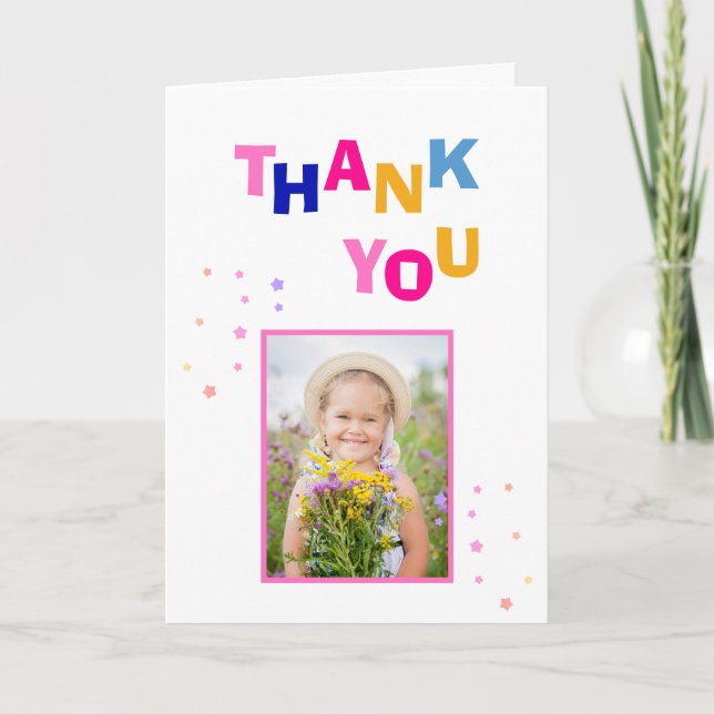 Cute Colorful Stars Girl Photo Birthday  Thank You Card (Front)