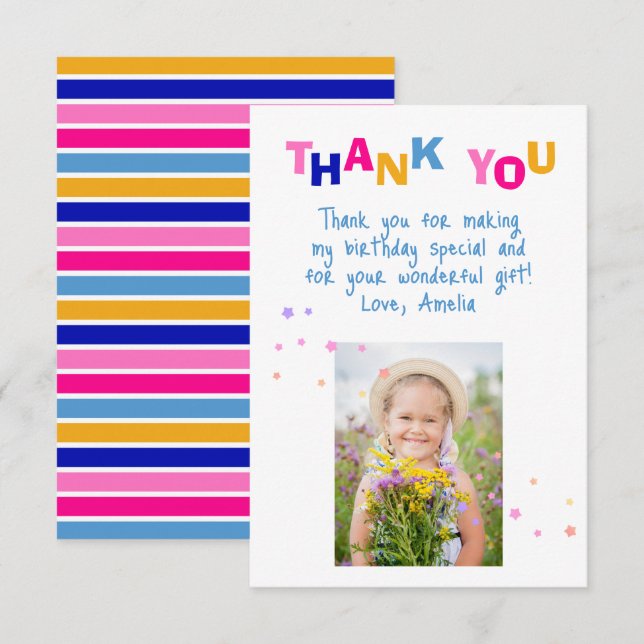 Cute Colorful Stars Girl Photo Birthday  Thank You Card (Front/Back)