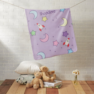 Cute Colorful Stars, Moons and Rockets Baby Blanket