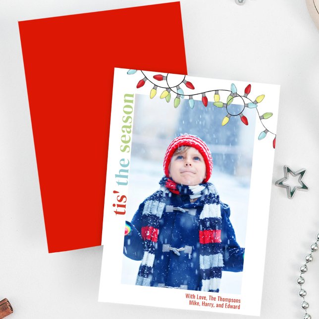 Cute Colorful String Lights Christmas Photo Holiday Card (Christmas holiday photo card with colorful string lights. )