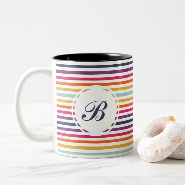 Cute Colorful Striped Pattern Two-Tone Coffee Mug (With Donut)