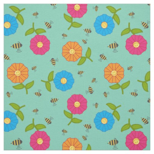 Cute Colorful Stylized Flowers & Honey Bees Fabric