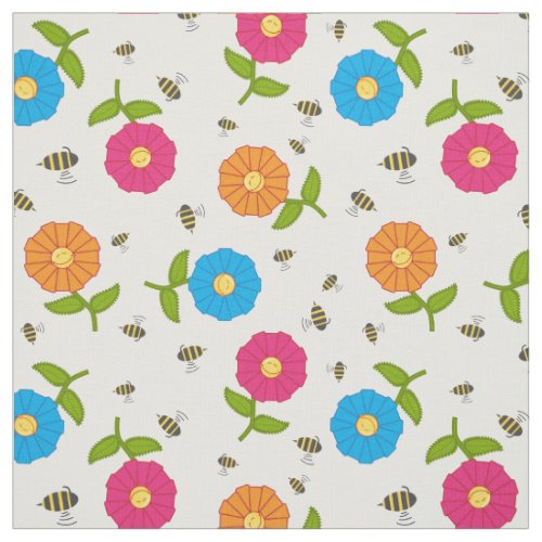 Cute Colorful Stylized Flowers  Honey Bees Fabric