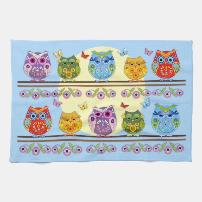 Cute colorful summer owls kitchen towel (Horizontal)