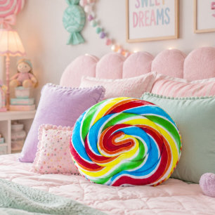 Cute Colorful Sweet Candy Rainbow Lollipop Round Pillow