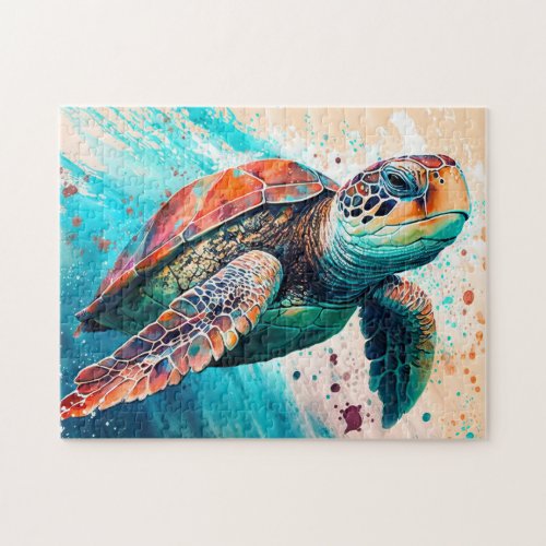 Cute Colorful Swimming Sea Turtle Jigsaw Puzzle