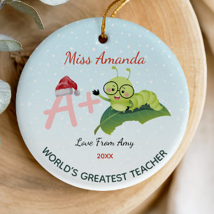 Cute Colorful Teacher Christmas Caterpillar Ceramic Ornament