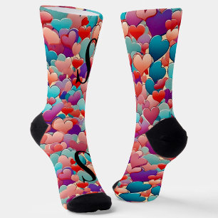 Cute colorful teal pink, purple hearts, monogram socks
