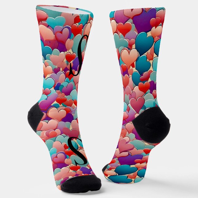 Cute colorful teal pink, purple hearts, monogram socks (Creator Uploaded)