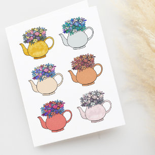 Cute Colorful Teapots with Flowers Blank Letterpress Thank You Card