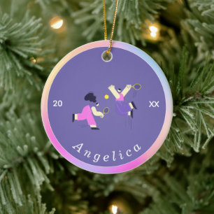 Cute Colorful Tennis Silhouettes Player's Name Ceramic Ornament