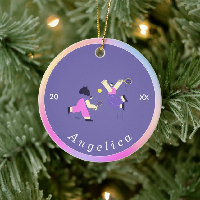 Cute Colorful Tennis Silhouettes Player's Name  Ceramic Ornament (Tree)
