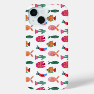 Cute Colorful Tiny Fish Drawing Seamless Pattern iPhone 15 Case