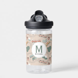 Cute Colorful Trains on Train Tracks Kids Monogram Water Bottle