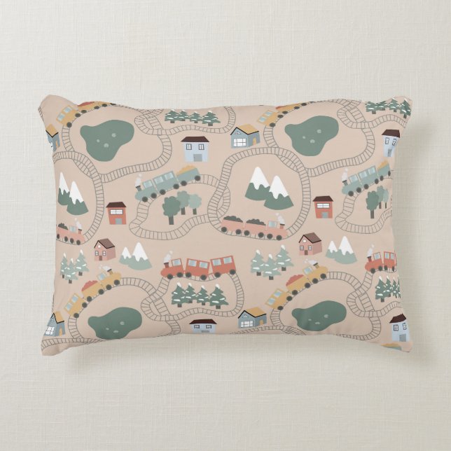 Cute Colorful Trains on Train Tracks Kids Pattern Accent Pillow (Front)