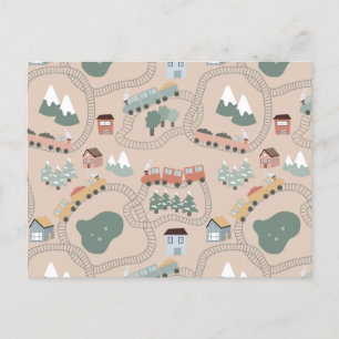 Cute Colorful Trains on Train Tracks Kids Pattern Holiday Postcard