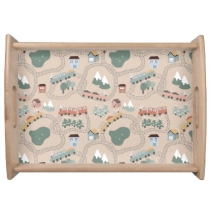 Cute Colorful Trains on Train Tracks Kids Pattern Serving Tray