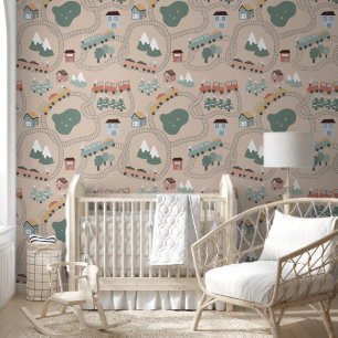 Cute Colorful Trains on Train Tracks Kids Pattern Wallpaper