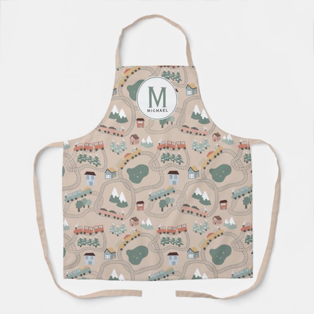 Cute Colorful Trains on Train Tracks Monogram Apron (Front)